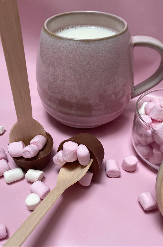 Hot Chocolate Spoon. Hot Chocolate Bomb. Hot Chocolate. Handmade Chocolate NZ.  Marshmallows, Milk Chocolate. 